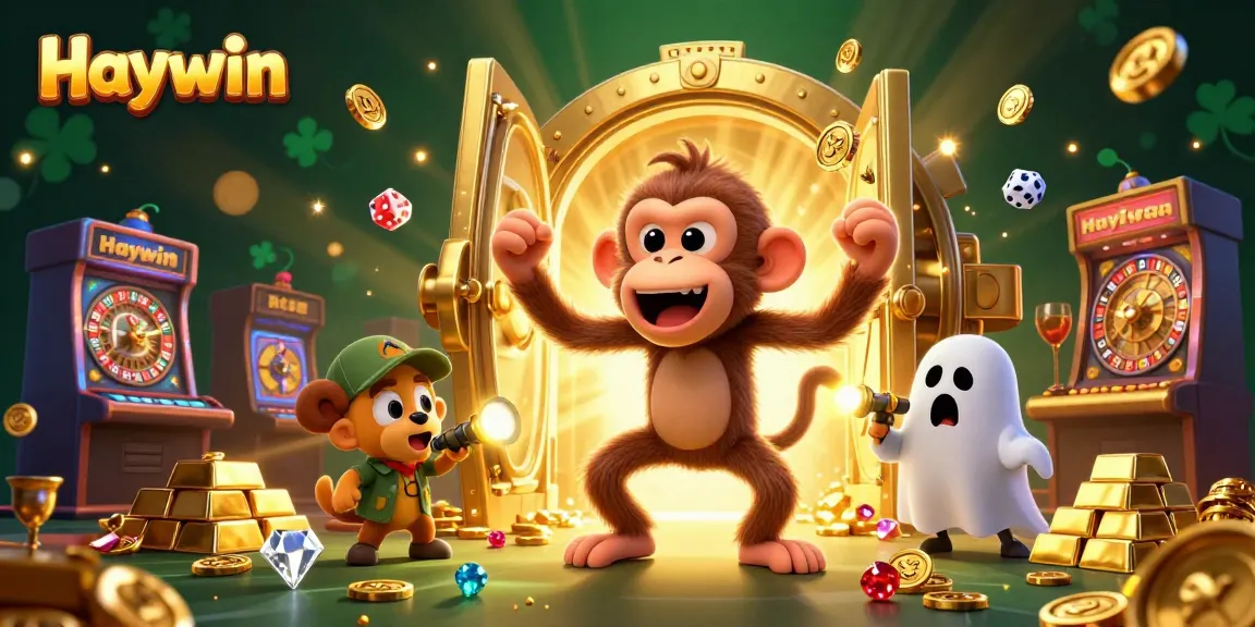 Engage in thrilling casino adventures with Haywin's mischievous monkey and ghost-hunter puppy in a vibrant scene.