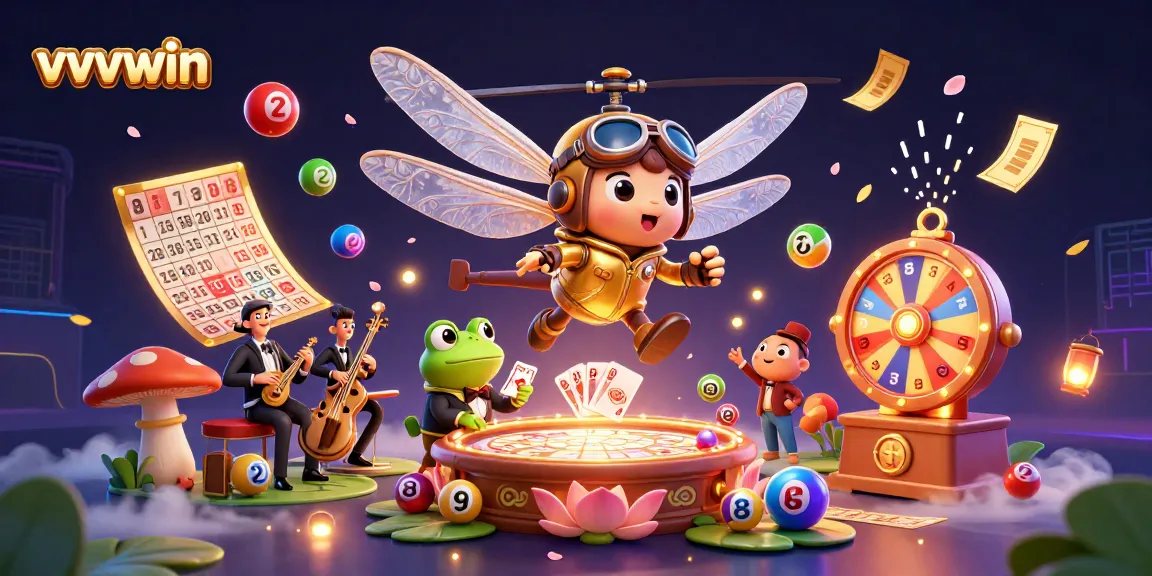 Engage in thrilling gaming at vvvwin while vibrant lottery elements surround the animated characters.