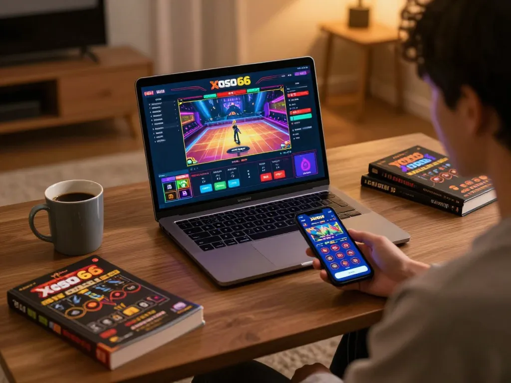 Engaging with Xoso66 online casino through a laptop, showcasing a cozy gaming environment.