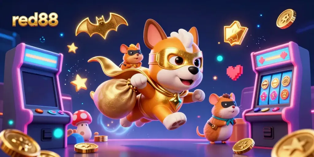 Experience the adventure with red88 as a superhero dog flies with gold coins in a vibrant gambling-themed illustration.