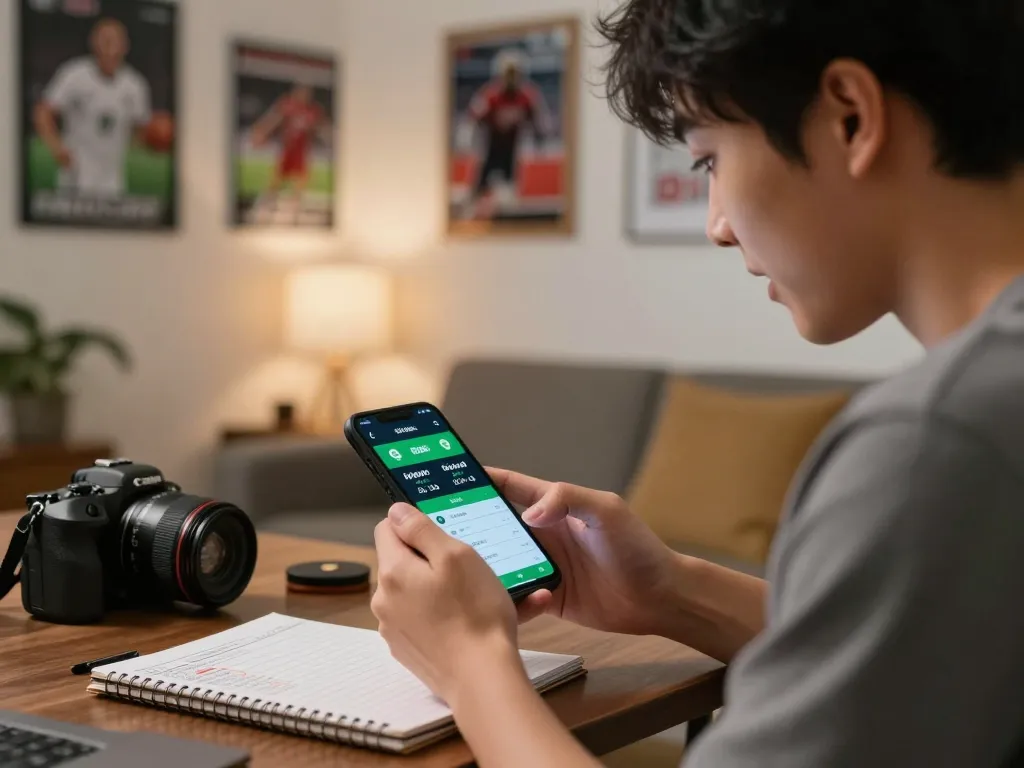 Engaged bettor analyzing kèo nhà cái odds on smartphone in stylish home setup with warm lighting.