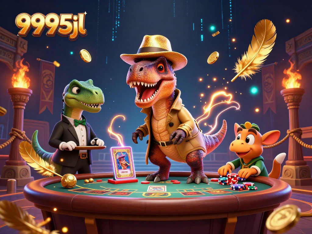 Experience thrilling bets at 9995jl with a velociraptor at the blackjack table, surrounded by casino excitement.
