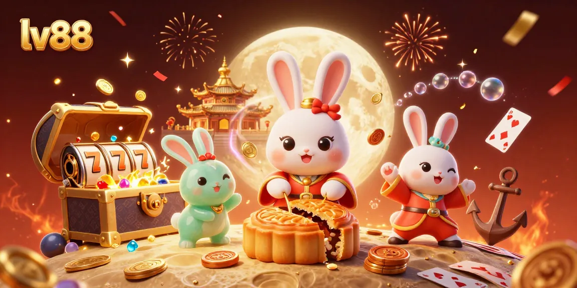 Experience excitement at lv88 with a lively scene of fortune and fun featuring golden mooncakes and poker chips.