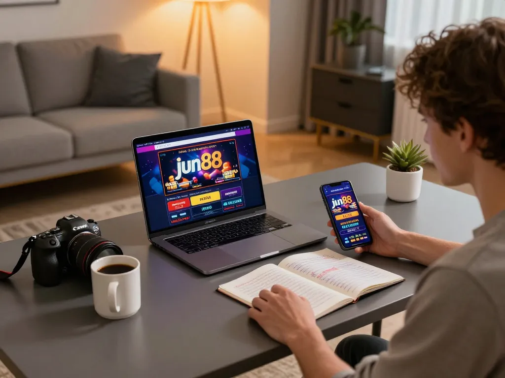 Player enjoying online games at jun88 on a stylish home setup with laptop and mobile device