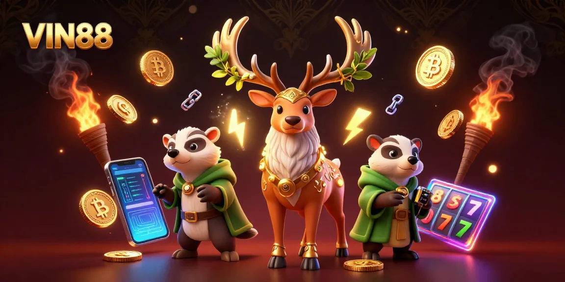Engage with VIN88's immersive online casino atmosphere featuring cartoon Celtic stag and badger.