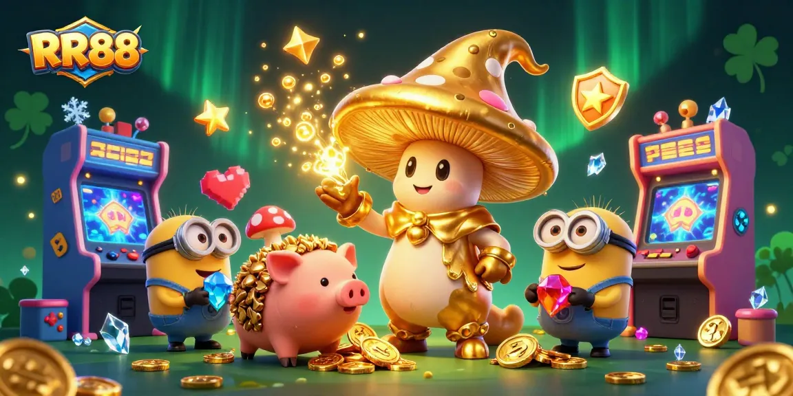Experience RR88's magical gaming world with golden mushroom wizard, treasures, and vibrant casino elements.