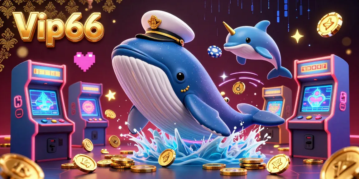 Experience the immersive world of Vip66 with a dynamic casino-themed illustration featuring a cartoon whale and playful dolphins.