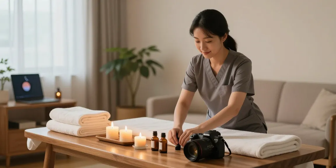 Relaxation at home with a therapist preparing for 영등포출장안마 massage session, showcasing a calming environment and professional care.
