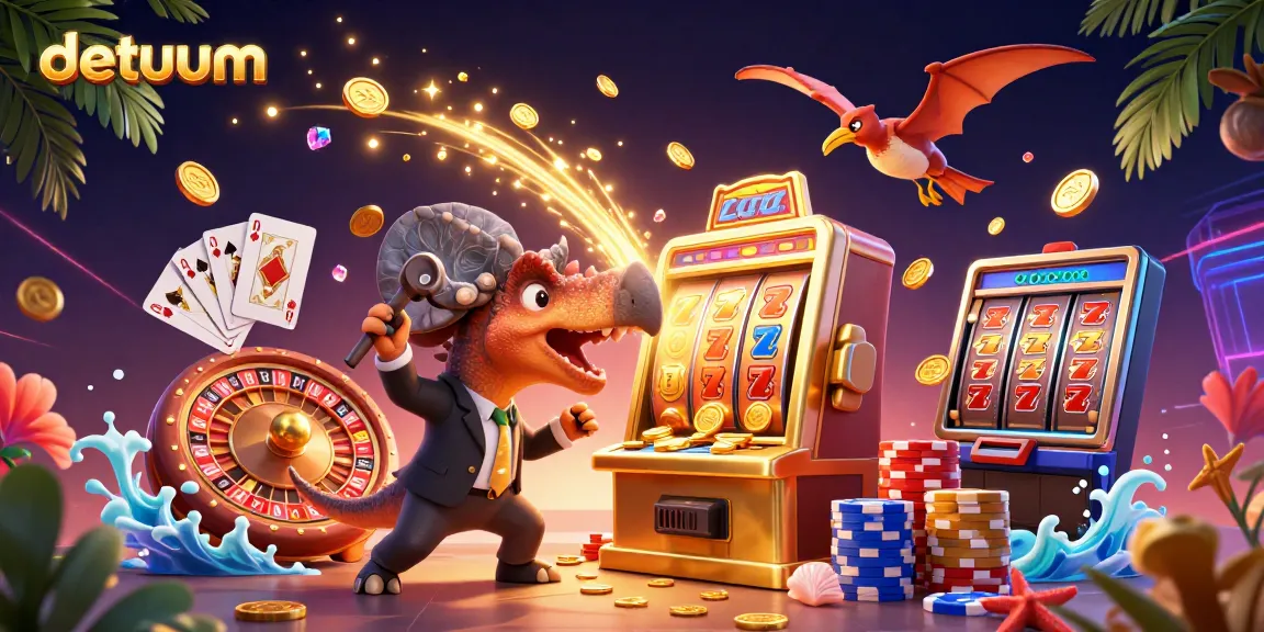 Engage in thrilling gameplay at datum casino with a dynamic scene of a 3D dinosaur headbutting a slot machine.