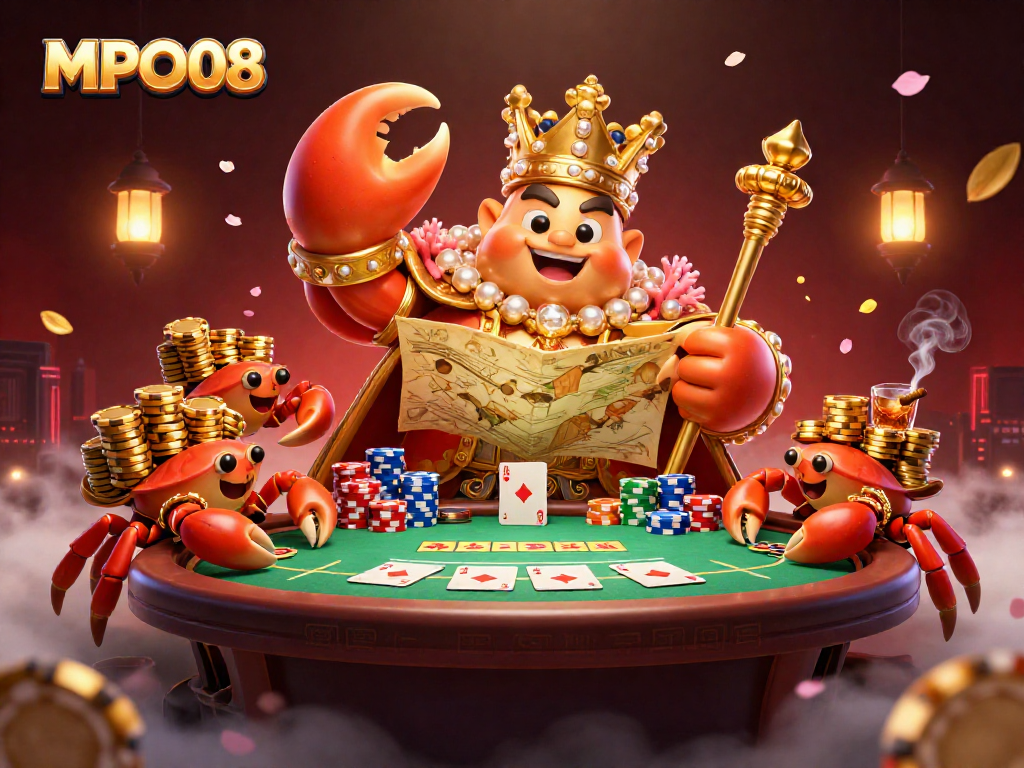 MPO08 gaming illustration featuring a golden crab emperor and poker elements for online players