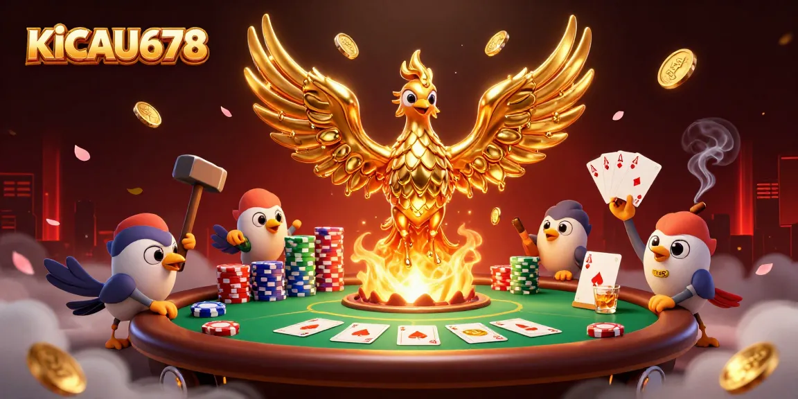 KICAU678 showcases a dynamic casino scene with a golden phoenix, poker action, and vibrant elements.