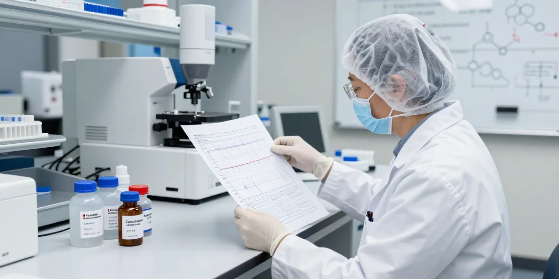 Research-grade peptides Canada being analyzed in a modern lab setting showcasing HPLC graphs and synthesis details.