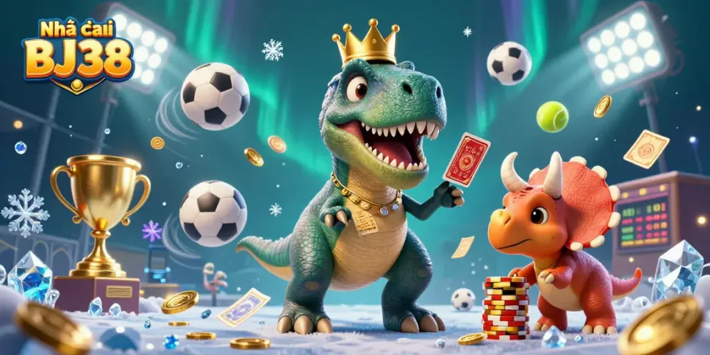 Bet on thrilling games with Nhà cái BJ38 as a T-Rex shuffles cards in a vibrant casino scene.