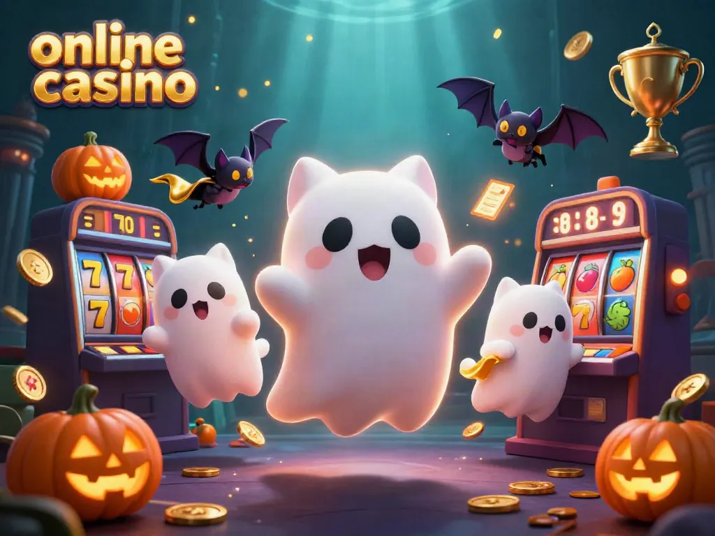 Juega en un online casino lleno de acción, con un gato fantasma y un murciélago en un ambiente brillante.
