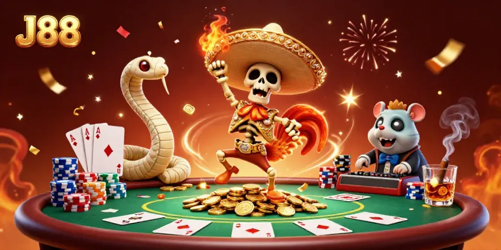Celebrate wins at J88 with a vibrant scene featuring cartoon characters, poker elements, and dynamic energy.