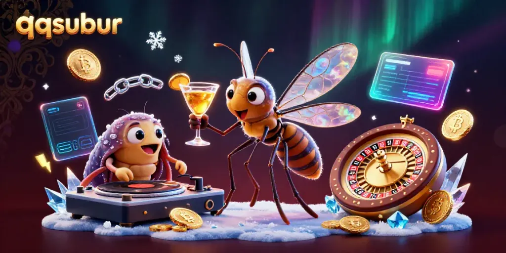 Engage in qqsubur's vibrant casino world featuring unique characters and crypto-themed elements.