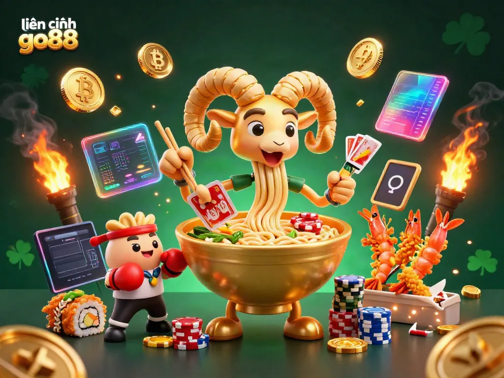 Engage with liên hệ go88 as the giant ramen bowl dealer shuffles cards and stacks chips in a vibrant casino atmosphere.