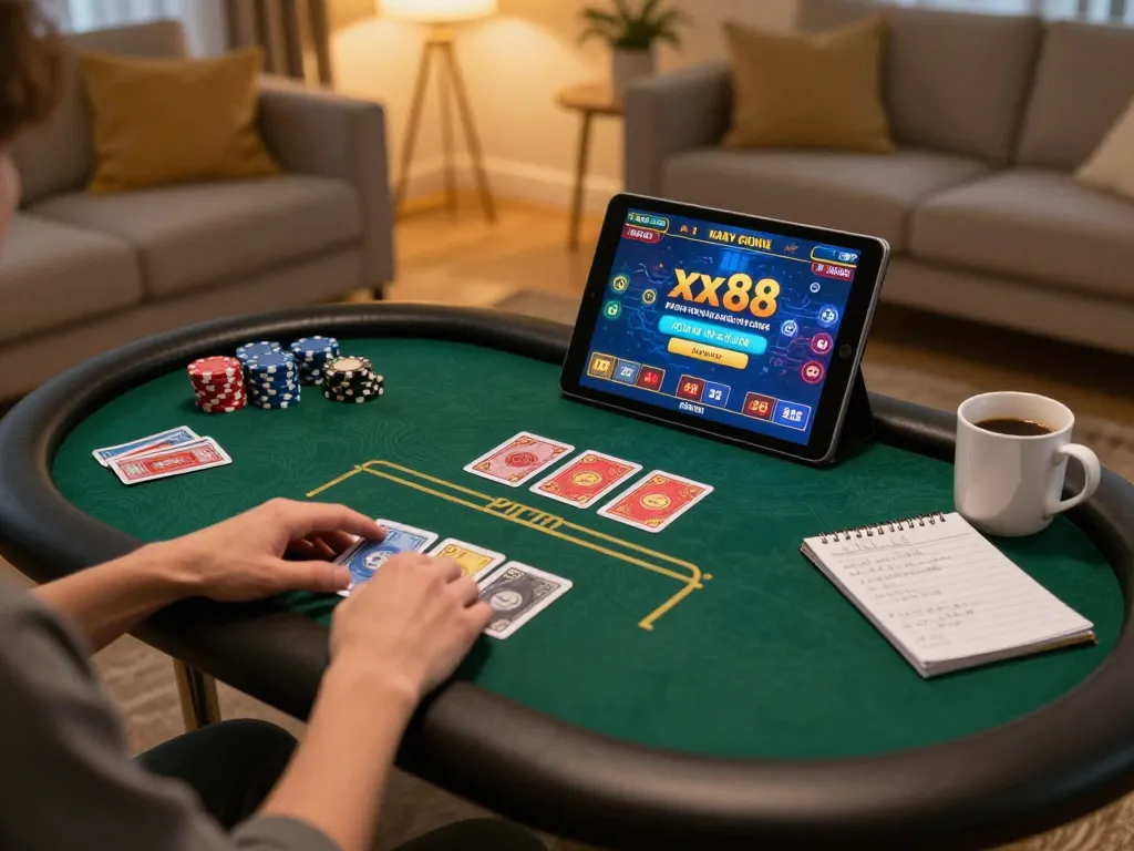 Player engaging in online gameplay at xx88 with a tablet in a cozy home setting
