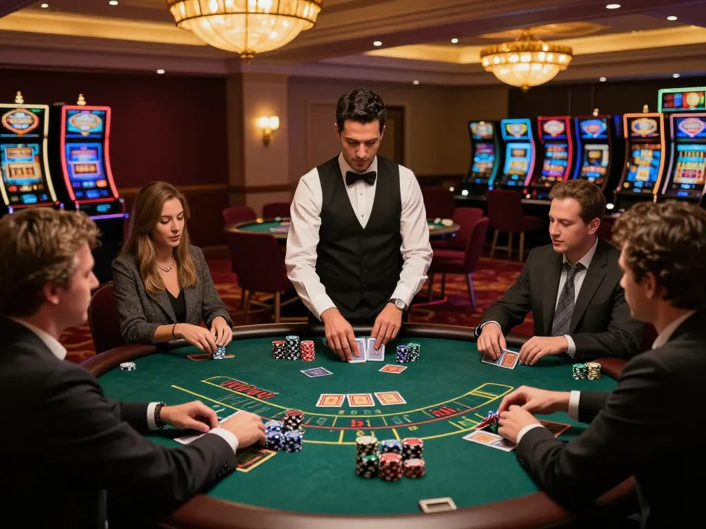 Các người chơi bài KO66 tham gia vào trò chơi blackjack với stakes sôi động tại một casino sang trọng.