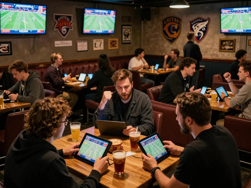 Excited bettors using tablets for LGO GOAL in a vibrant sportsbook setting