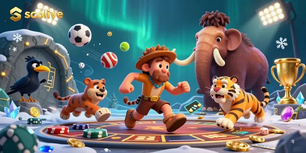 Socolive revolutionizes sports betting with an energetic scene of a caveman and a tiger at a prehistoric casino.