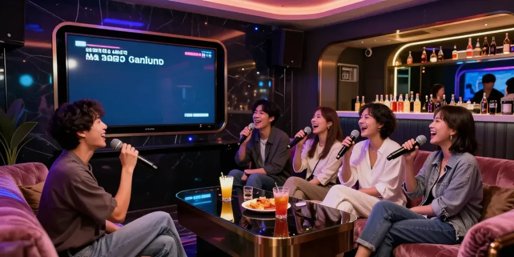 강남달토의 고급스러운 가라오케 룸에서 친구들이 함께 노래를 부르며 즐거운 시간을 보내는 모습