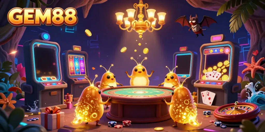 Experience the excitement of GEM88 with a glowing cave casino scene featuring lively characters and vibrant games.