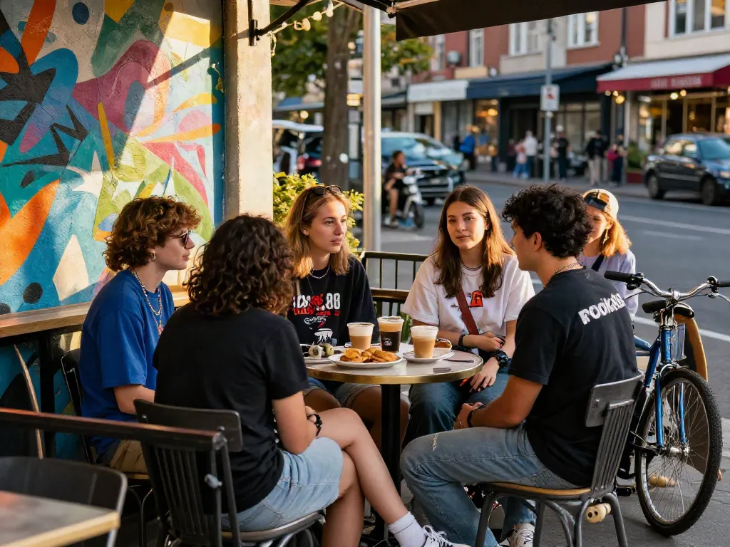 Friends in trendy outfits showcasing rokok88 merchandise at a vibrant café terrace, enjoying artisan coffee.