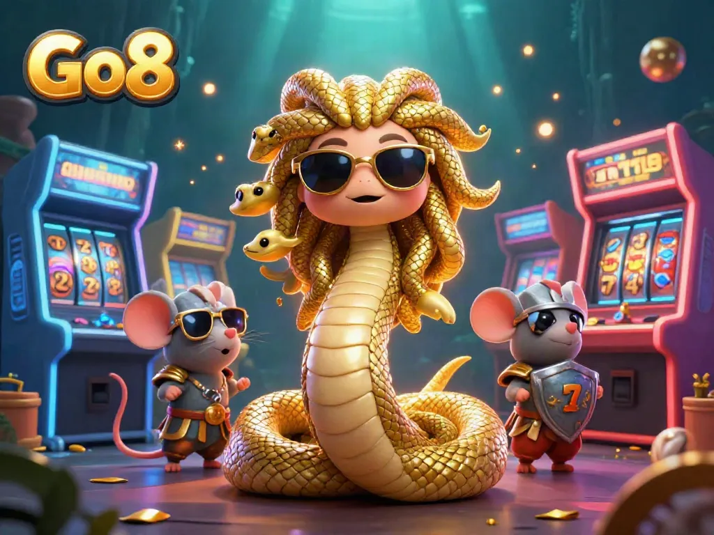 Experience thrilling moments at Go8 with Medusa and a warrior mouse amidst dynamic casino elements.