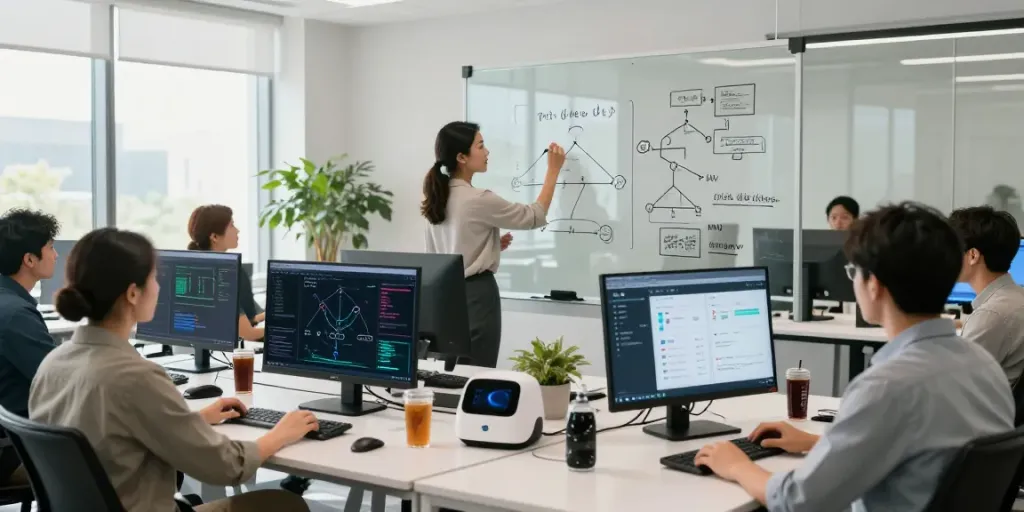Diverse team collaborating on Enterprise AI projects in modern office.