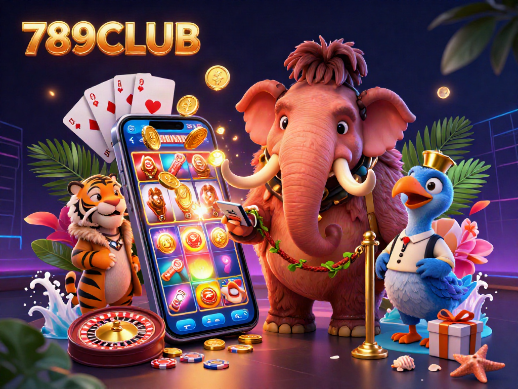 Engage with 789CLUB's vibrant 3D casino scene featuring a woolly mammoth bouncer checking IDs.