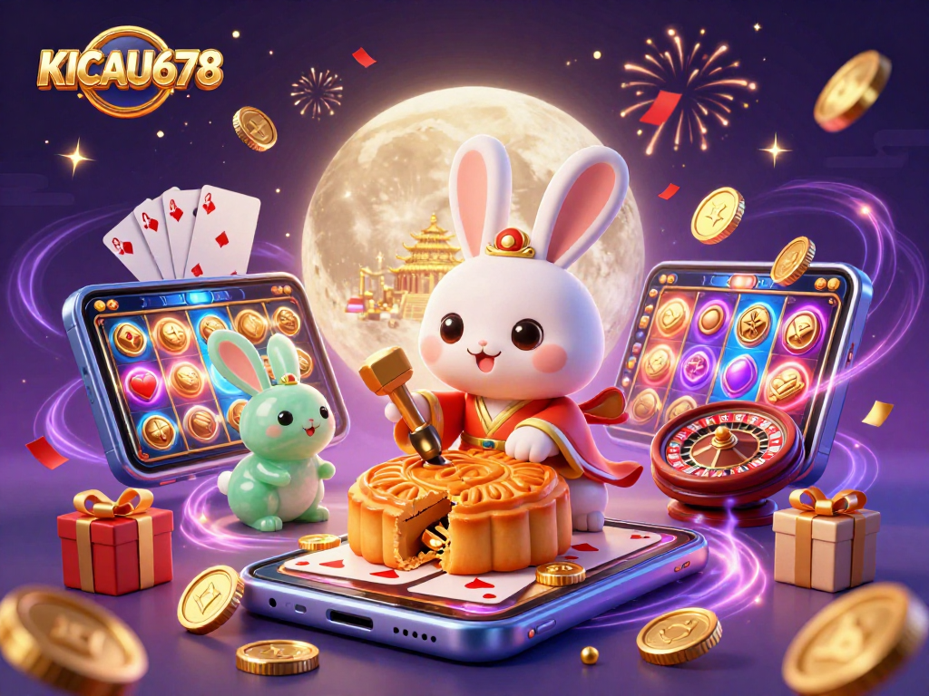 KICAU678 players enjoy immersive gaming experiences with vibrant slots, poker chips, and moon-themed elements.