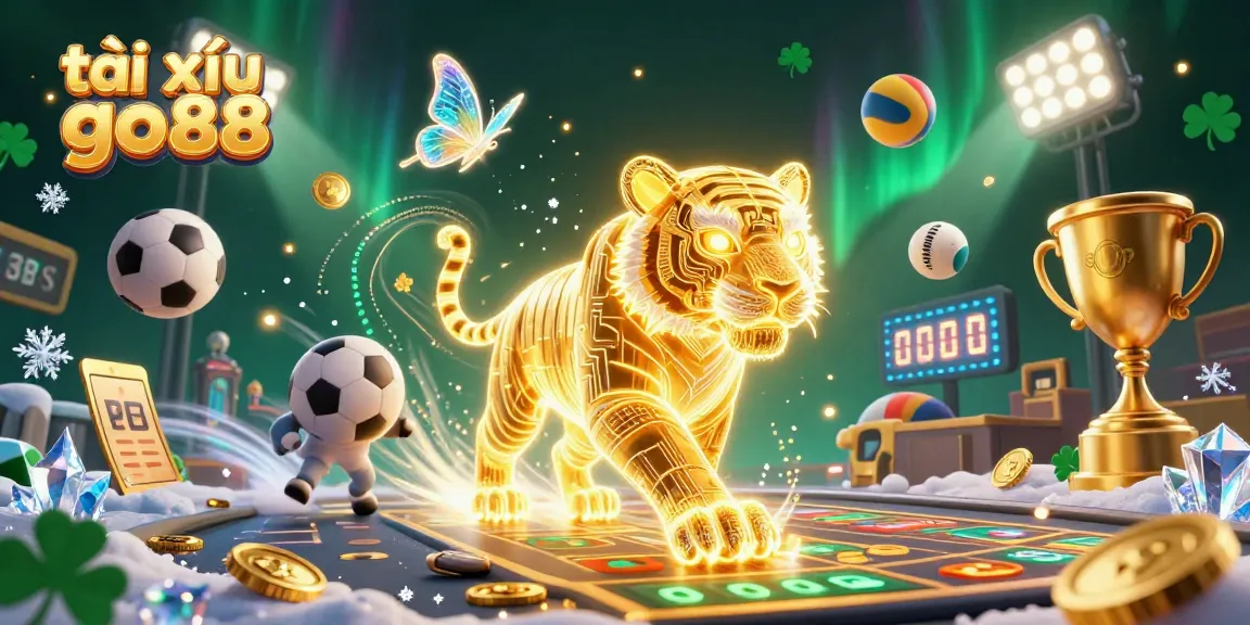 Experience tài xỉu go88 with a neon-wireframe golden tiger in a vibrant casino scene.