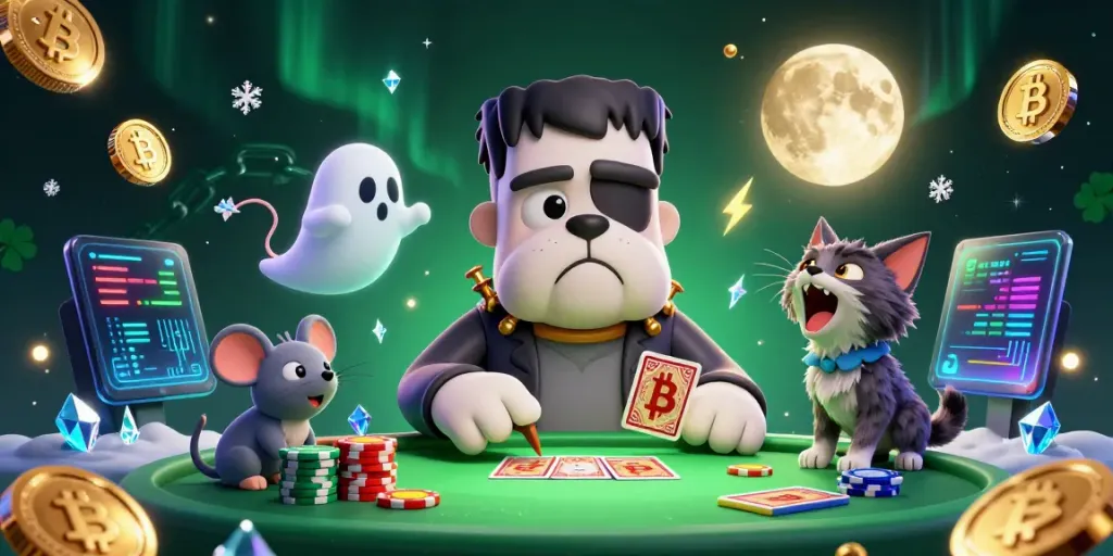 A lively scene at manclub with a Frankenstein bulldog dealing cards surrounded by crypto coins and a werewolf kitten howling