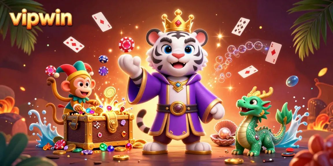 Engage in exciting casino adventures with vipwin featuring a vibrant 3D scene of a royal tiger and playful monkey.