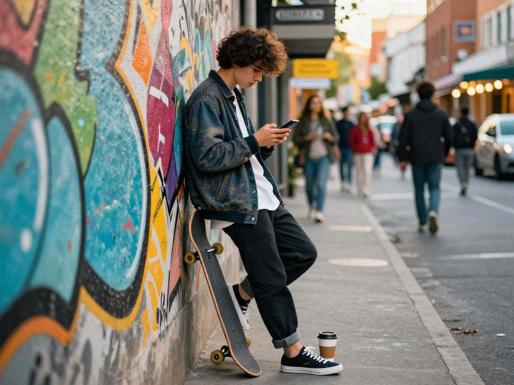 Stylish urban individual engaging with smartphone, representing modern lifestyle and fashion rokok88 in a vibrant city.