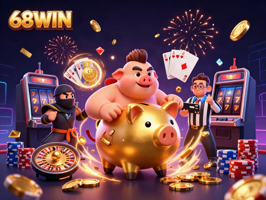Experience the thrill of victory with 68WIN through a vibrant casino scene featuring dynamic characters and rich gaming elements.