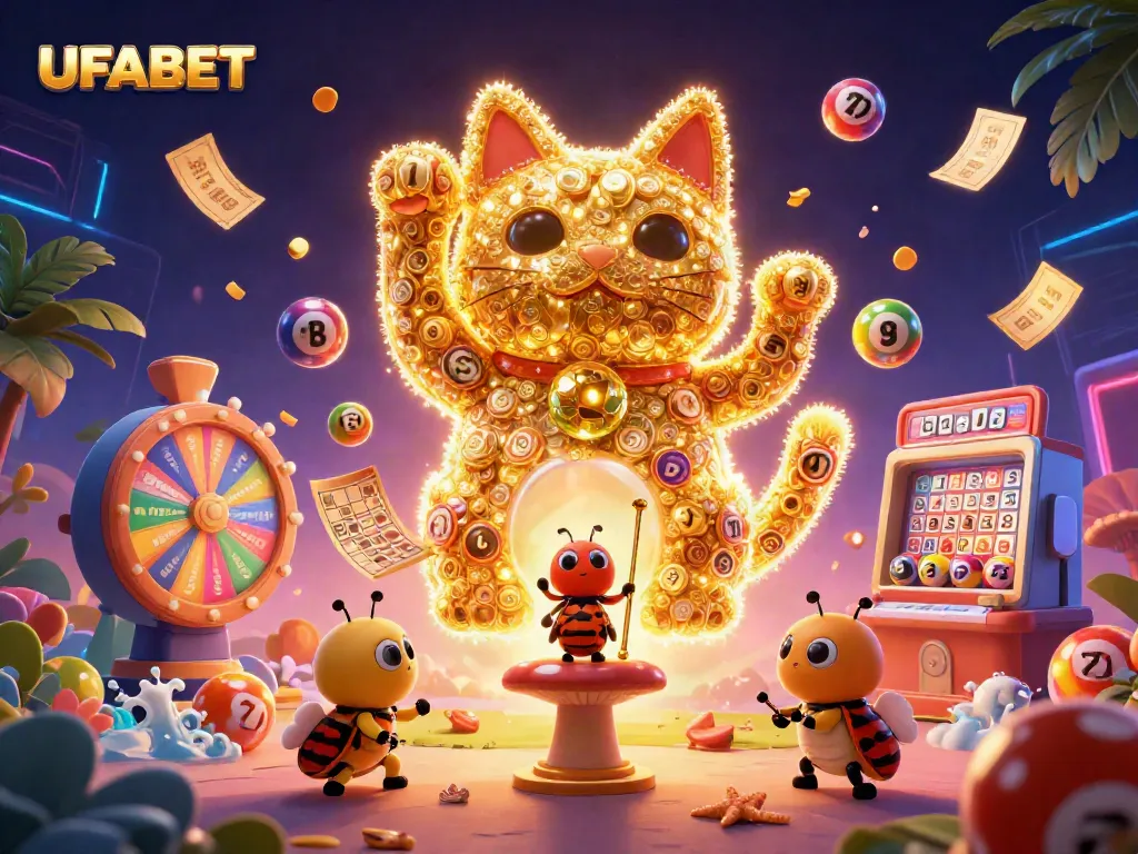 Experience the thrill of UFABET with a captivating illustration of a lucky cat and vibrant casino elements.