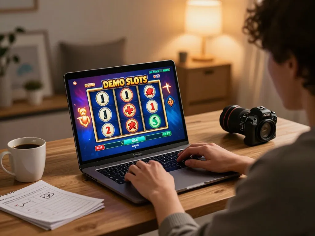 Playing Demo Slot on a laptop at home, emphasizing strategic gameplay and comfort.