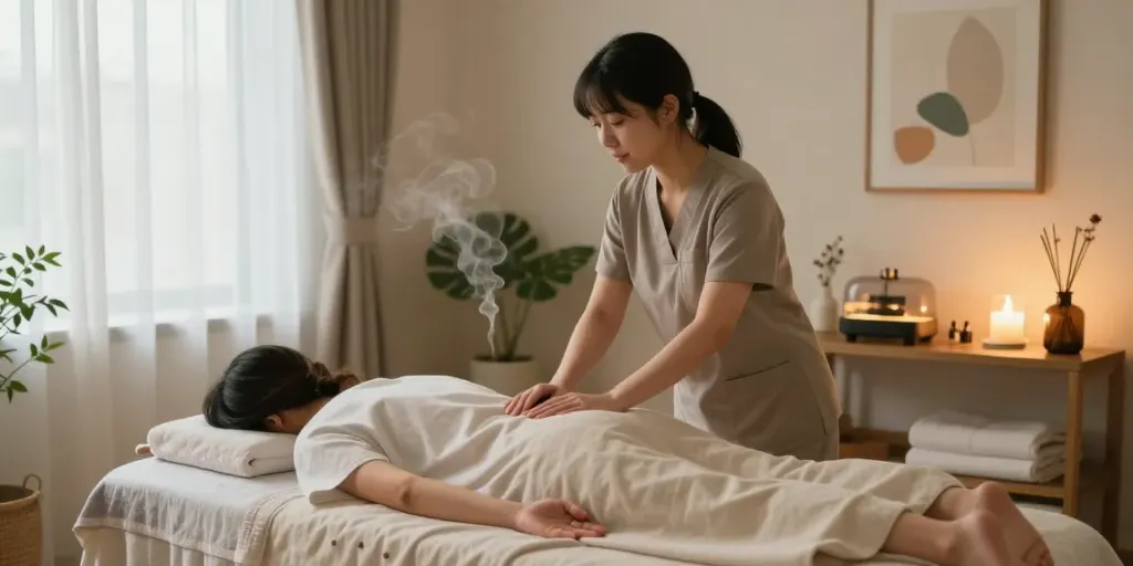 Relaxing 강북출장마사지 session in a tranquil home environment with soothing decor.