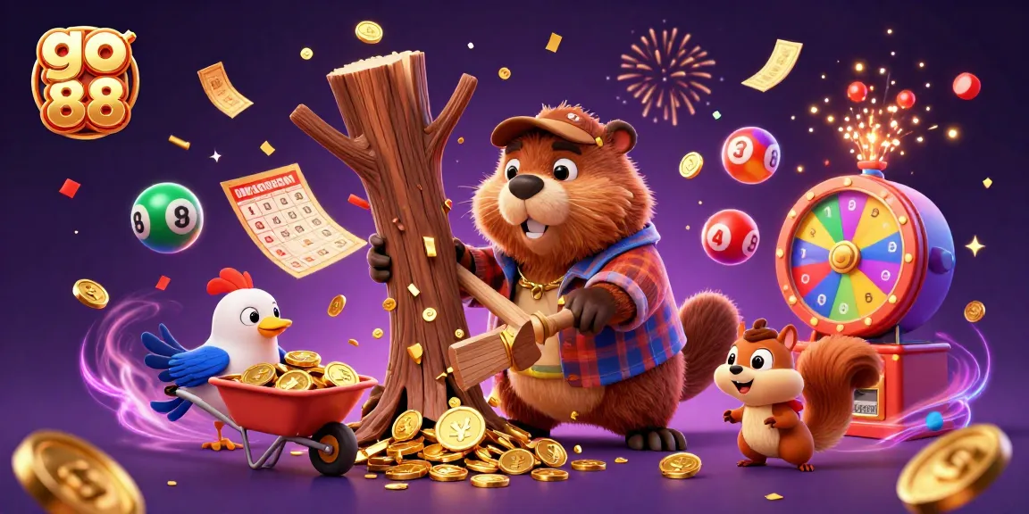 Experience the magic of go 88 as the lumberjack beaver collects golden coins in this vibrant casino-themed scene.