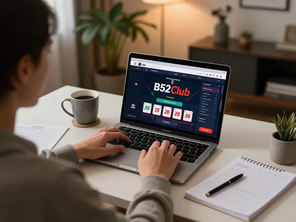 B52club user engaging in live dealer blackjack game on laptop at home for a strategic gaming experience.