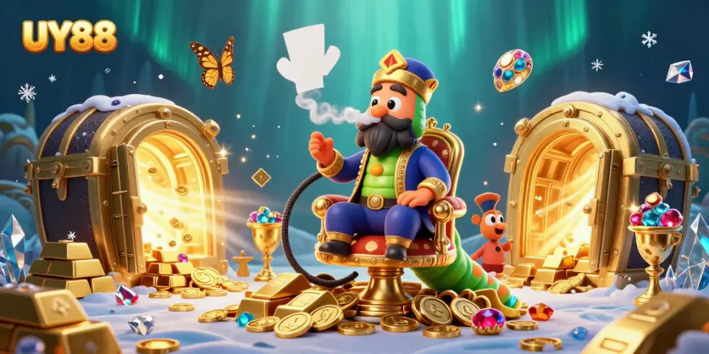 Spin to win big at UY88 with an immersive 3D casino scene filled with vibrant treasures.