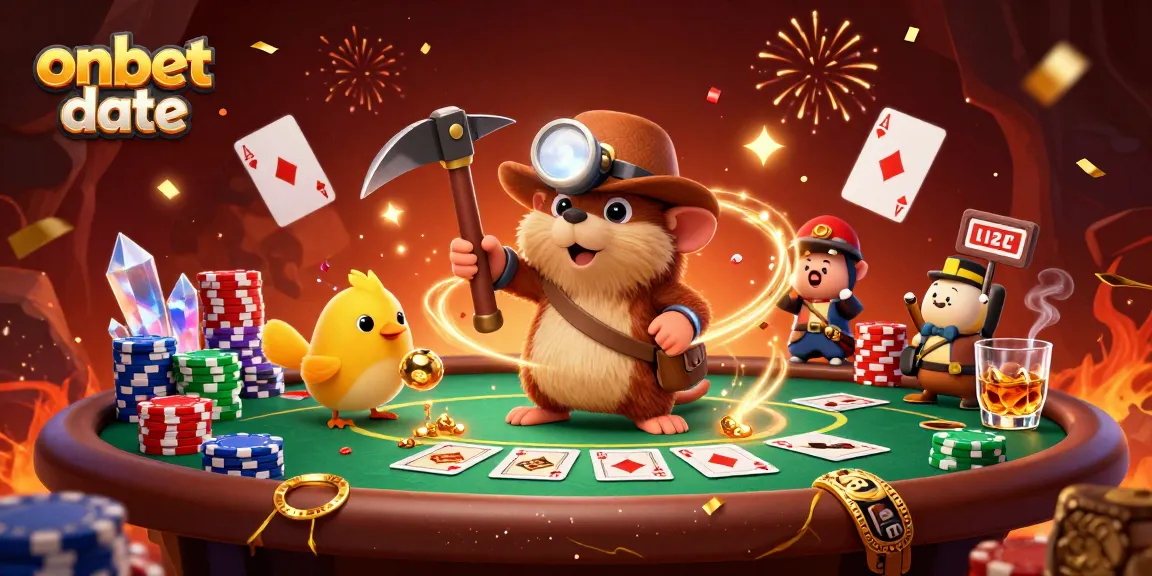 Action-packed scene featuring a treasure hunter mole and a canary promoting onbet date through casino elements and confetti.