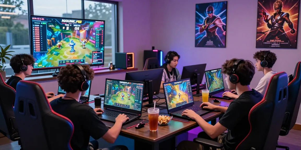 Players immersed in MAHJONGJP88 Online gaming, vibrant LED lights, competitive atmosphere.