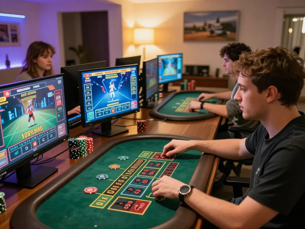 Player engaging with QQ88 live dealer game on multiple screens, showcasing online gambling excitement