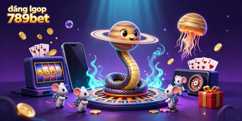 Engaging scene of astronaut mice betting around a Saturn ring snake roulette wheel for đăng nhập 789bet