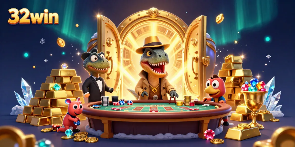 Secure your winnings with 32win's colorful 3D casino scene featuring a velociraptor, pit boss, and playful pickpocket at a blackjack table.