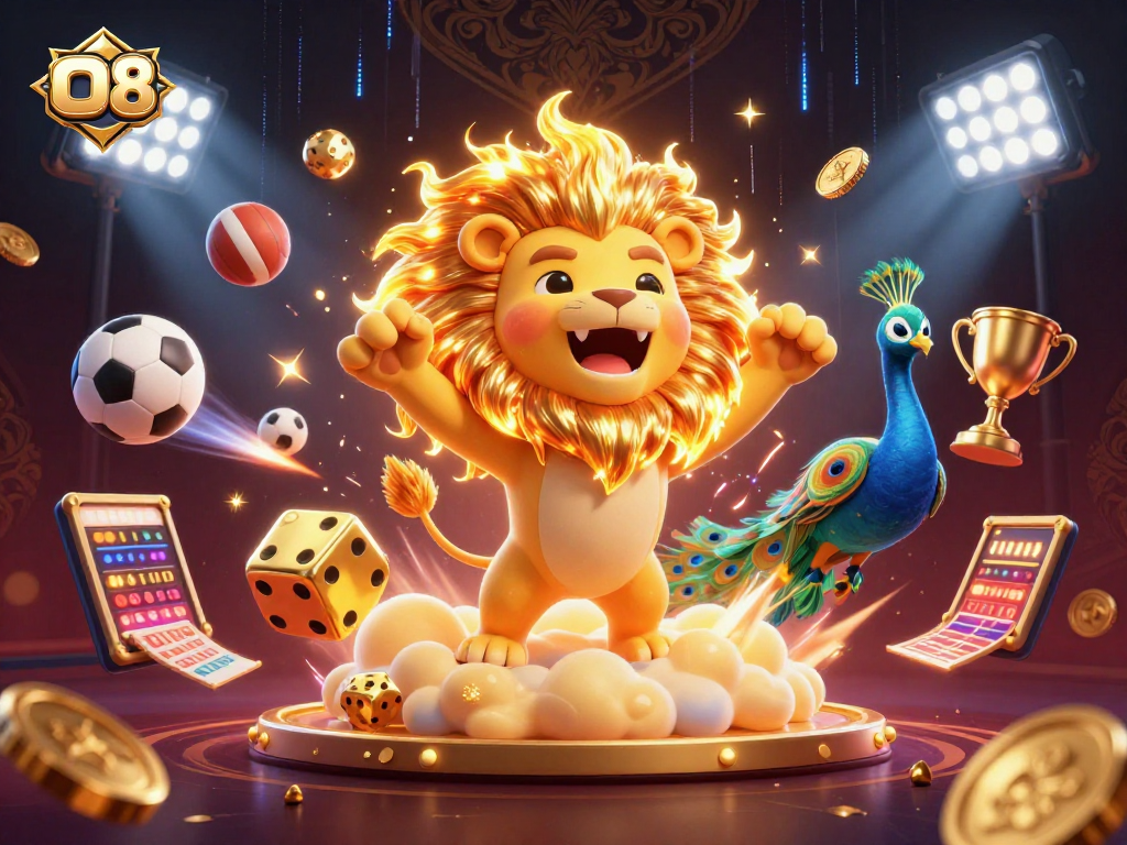 Engage with O8 | Dynamic casino scene featuring 3D lion, dice, and sports elements in vibrant action.