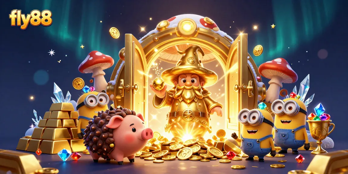 Experience the magic of fly88 with a whimsical golden wizard and treasure elements in an enchanting casino scene.